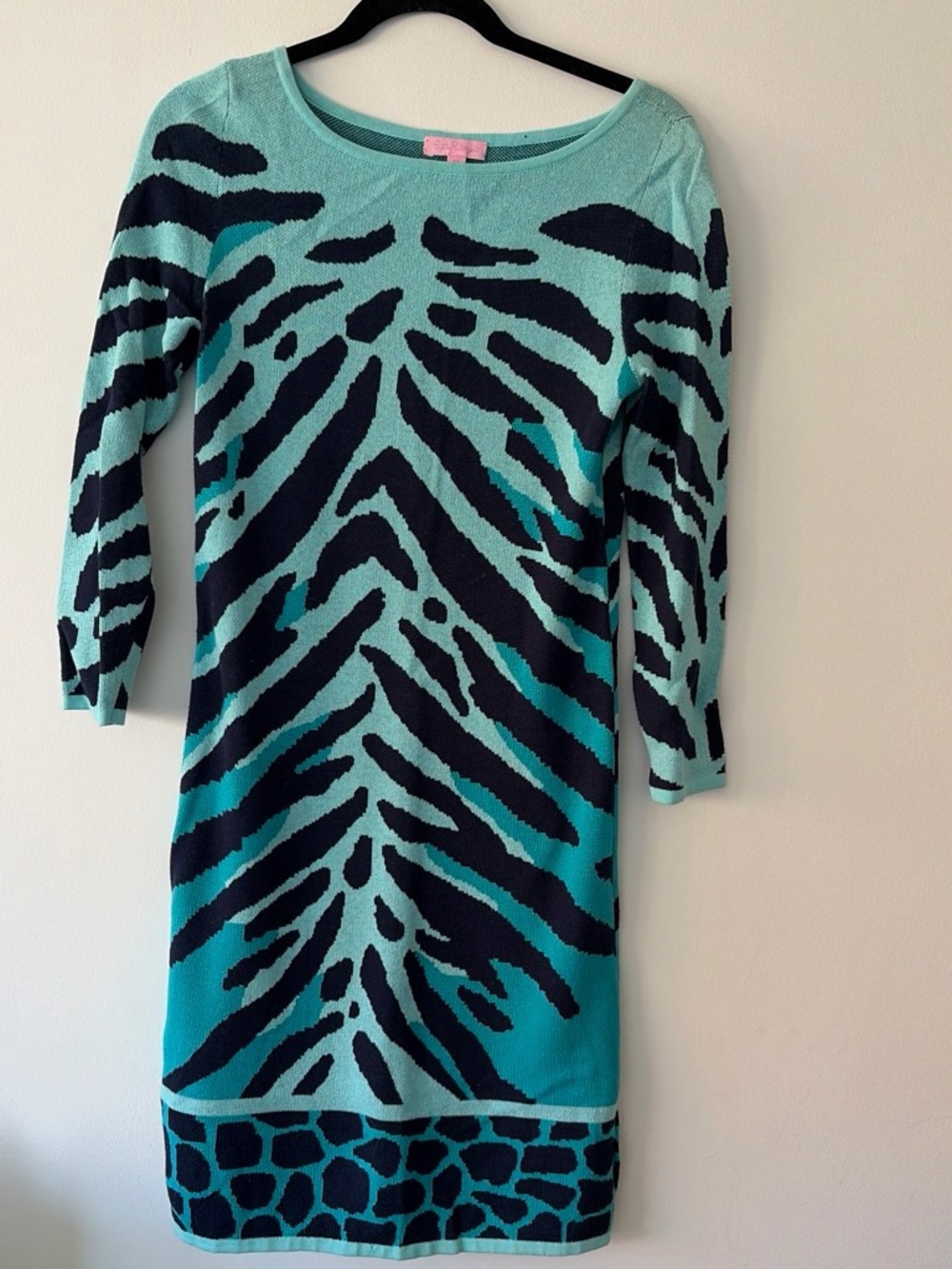 Lilly Pulitzer Aqua & Navy Animal-Print Scoop Neck Sweater Dress